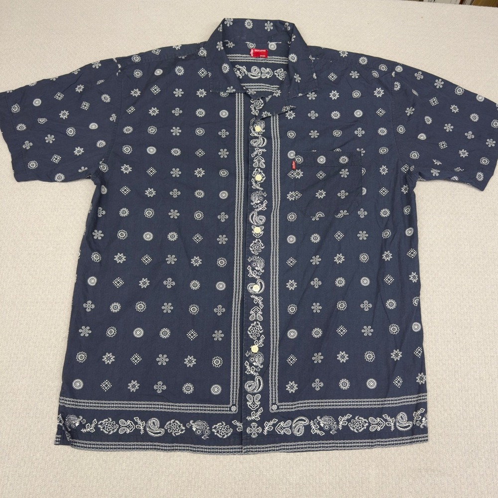Levis Shirt Mens XXL Navy Blue Bandana Print Short Sleeve Camp Beach Casual